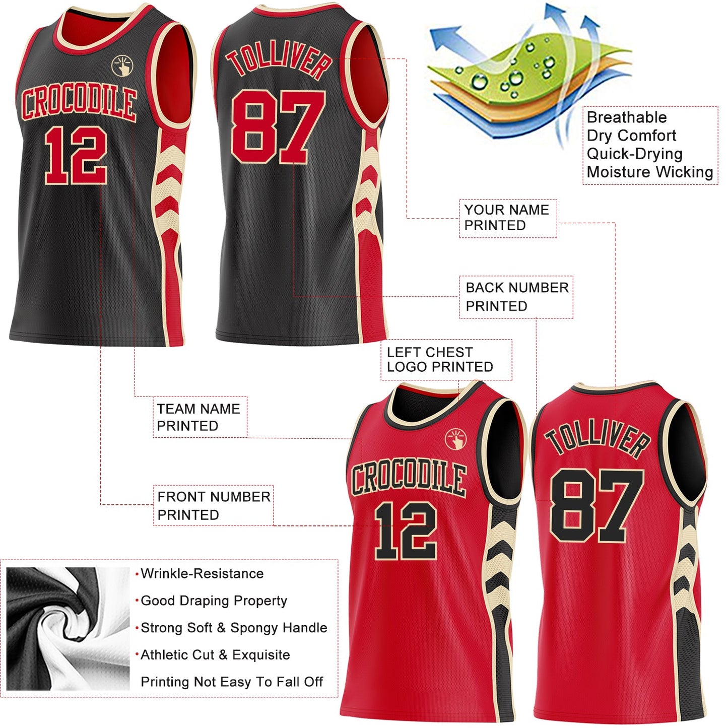 Custom Black Red-Cream Side Panel Geometric Chevron Reversible Double Side Sublimation Basketball Set Jersey view 3