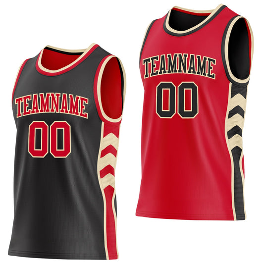 Custom Black Red-Cream Side Panel Geometric Chevron Reversible Double Side Sublimation Basketball Set Jersey - Main View