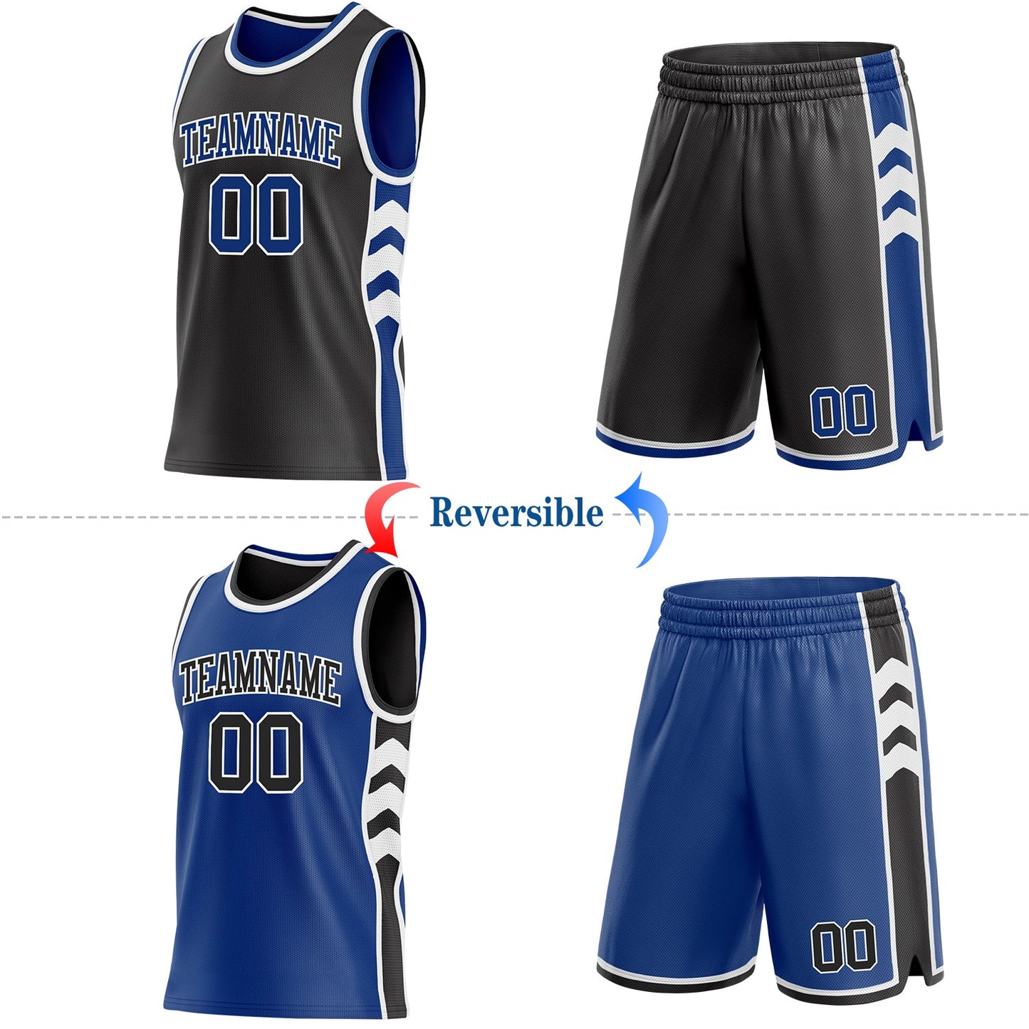 Custom Black Royal-White Side Panel Geometric Chevron Reversible Double Side Sublimation Basketball Set Jersey view 2