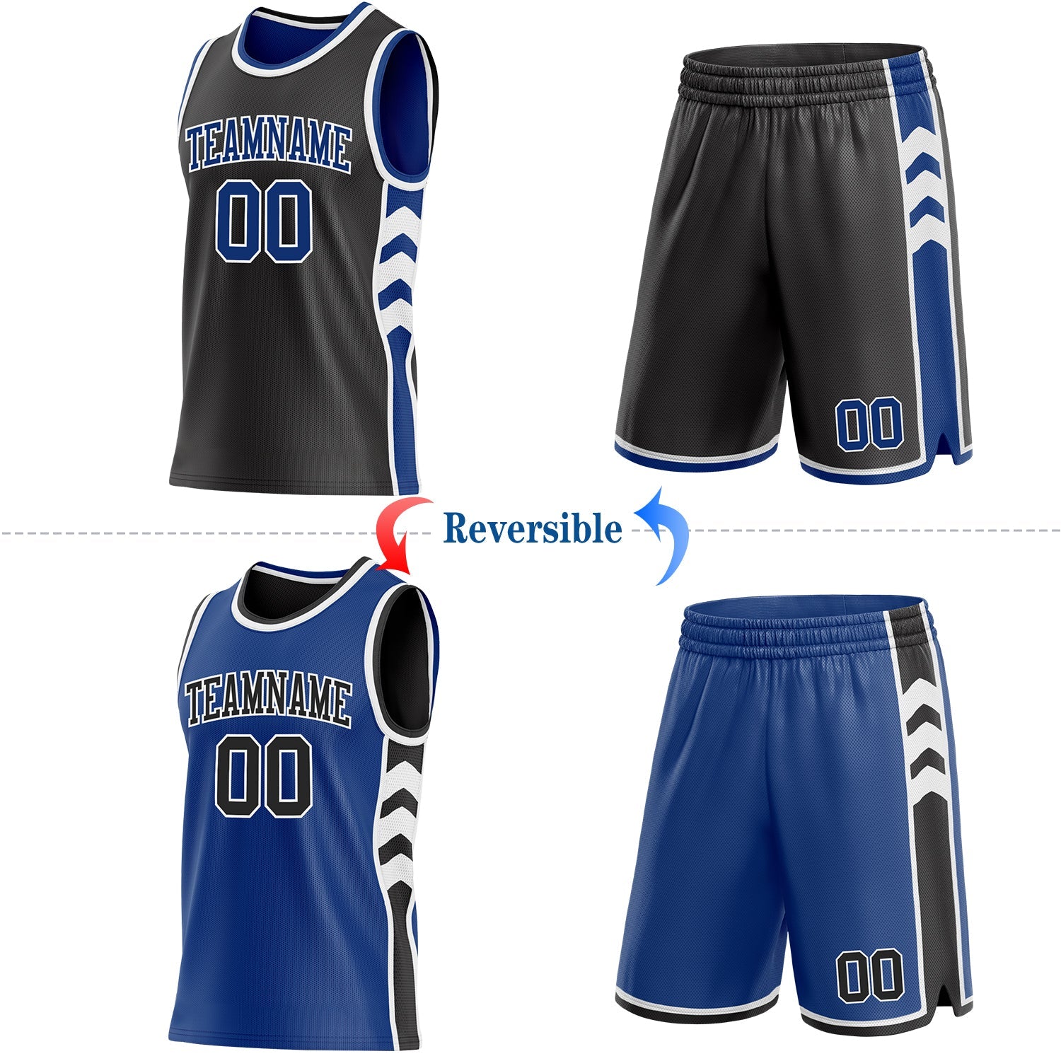 Custom Black Royal-White Side Panel Geometric Chevron Reversible Double Side Sublimation Basketball Set Jersey view 2