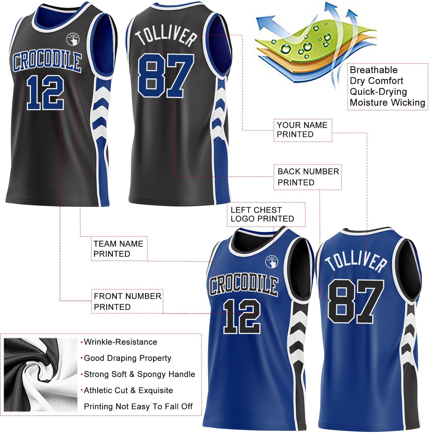 Custom Black Royal-White Side Panel Geometric Chevron Reversible Double Side Sublimation Basketball Set Jersey view 3