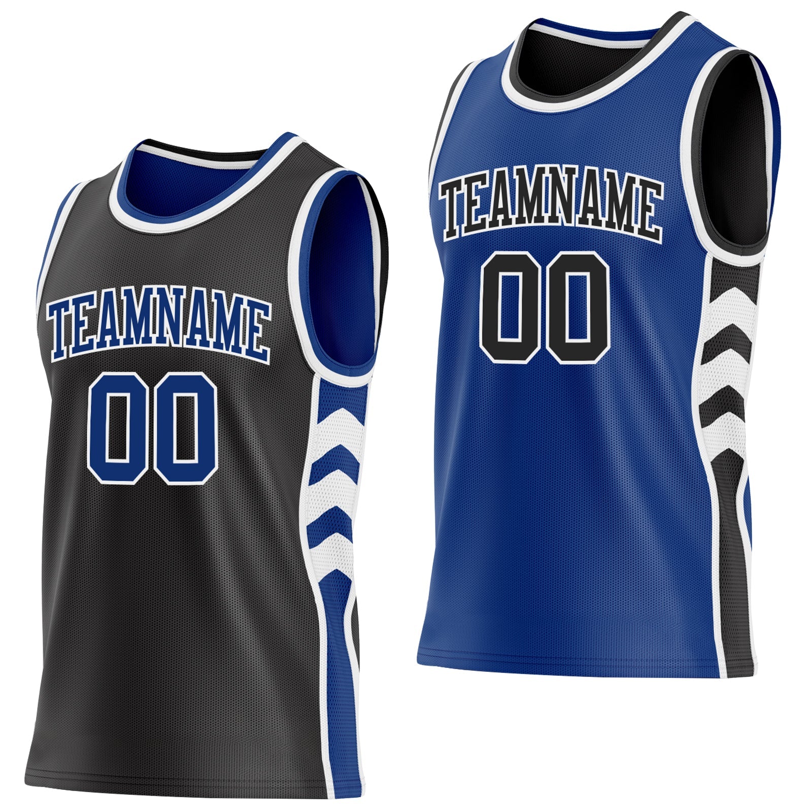 Custom Black Royal-White Side Panel Geometric Chevron Reversible Double Side Sublimation Basketball Set Jersey - Main View