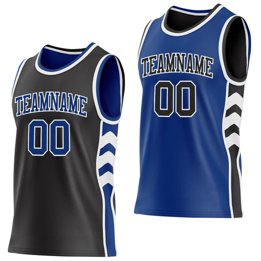 Custom Black Royal-White Side Panel Geometric Chevron Reversible Double Side Sublimation Basketball Set Jersey - Main View