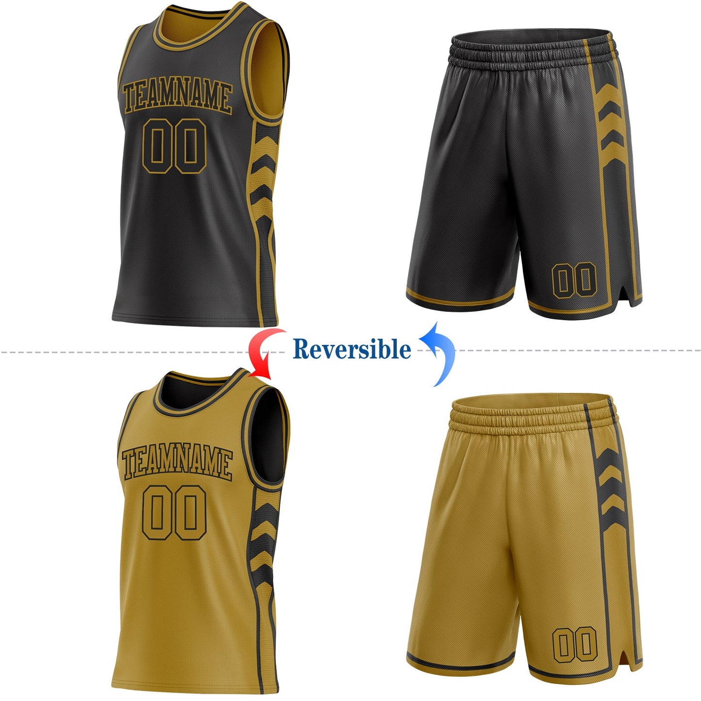Custom Black-Old Gold Side Panel Geometric Chevron Reversible Double Side Sublimation Basketball Set Jersey view 2