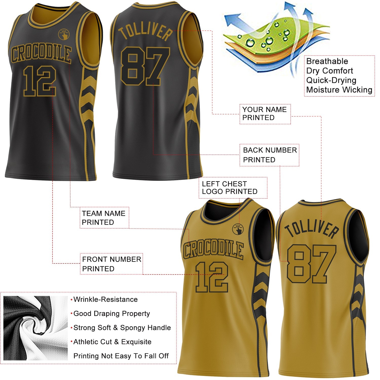 Custom Black-Old Gold Side Panel Geometric Chevron Reversible Double Side Sublimation Basketball Set Jersey view 3