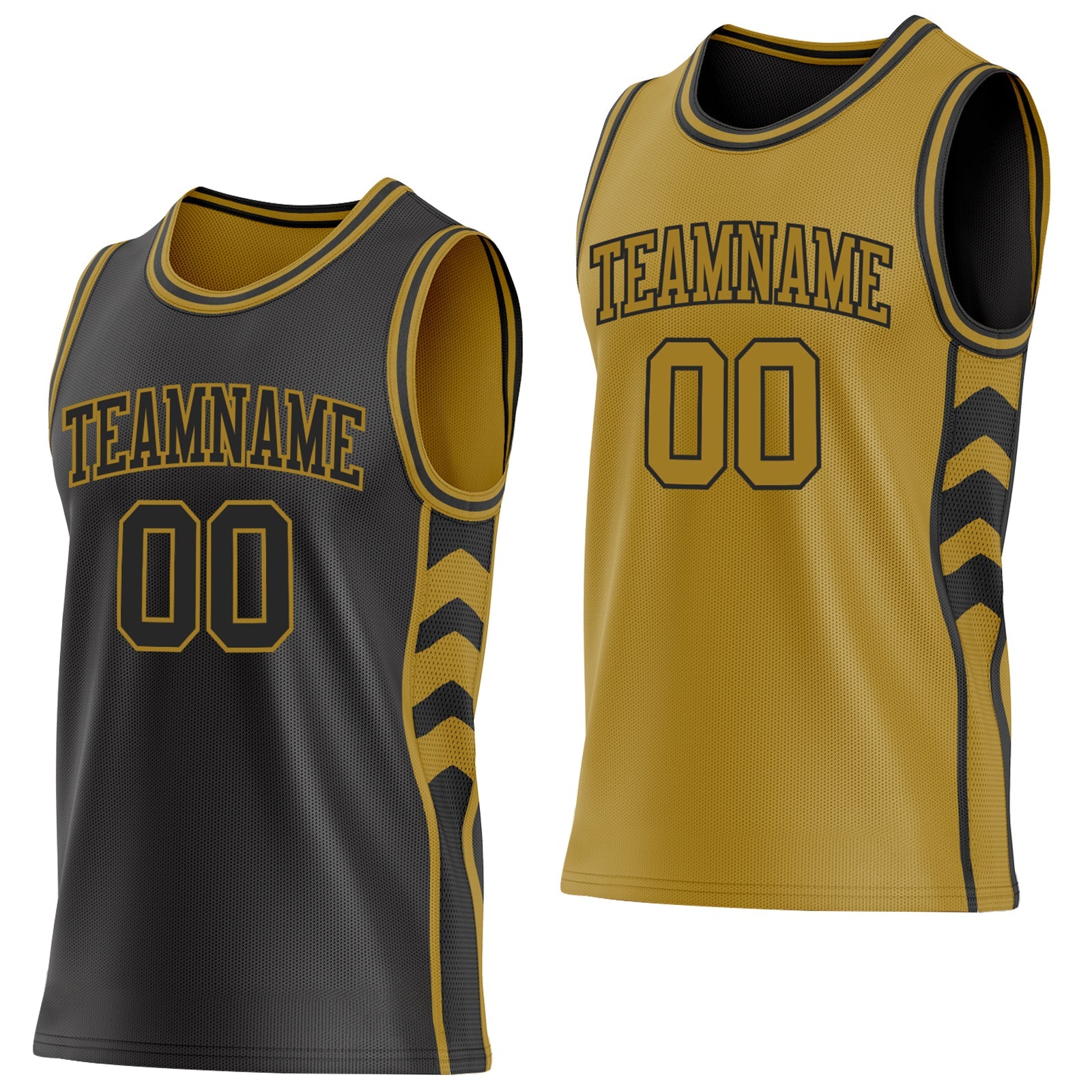 Custom Black-Old Gold Side Panel Geometric Chevron Reversible Double Side Sublimation Basketball Set Jersey - Main View