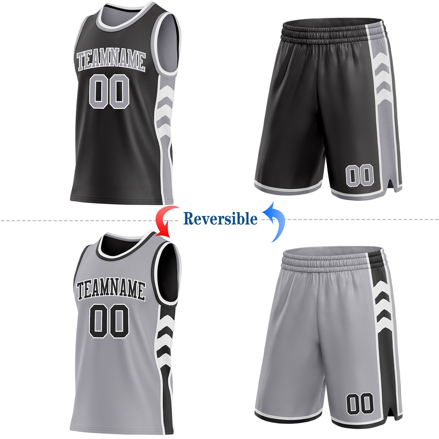 Custom Black Gray-White Side Panel Geometric Chevron Reversible Double Side Sublimation Basketball Set Jersey view 2