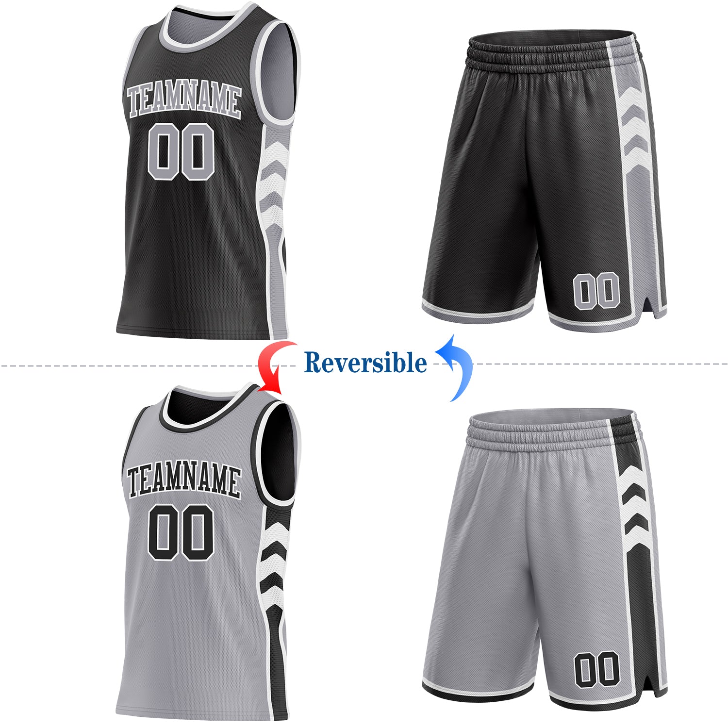 Custom Black Gray-White Side Panel Geometric Chevron Reversible Double Side Sublimation Basketball Set Jersey view 2