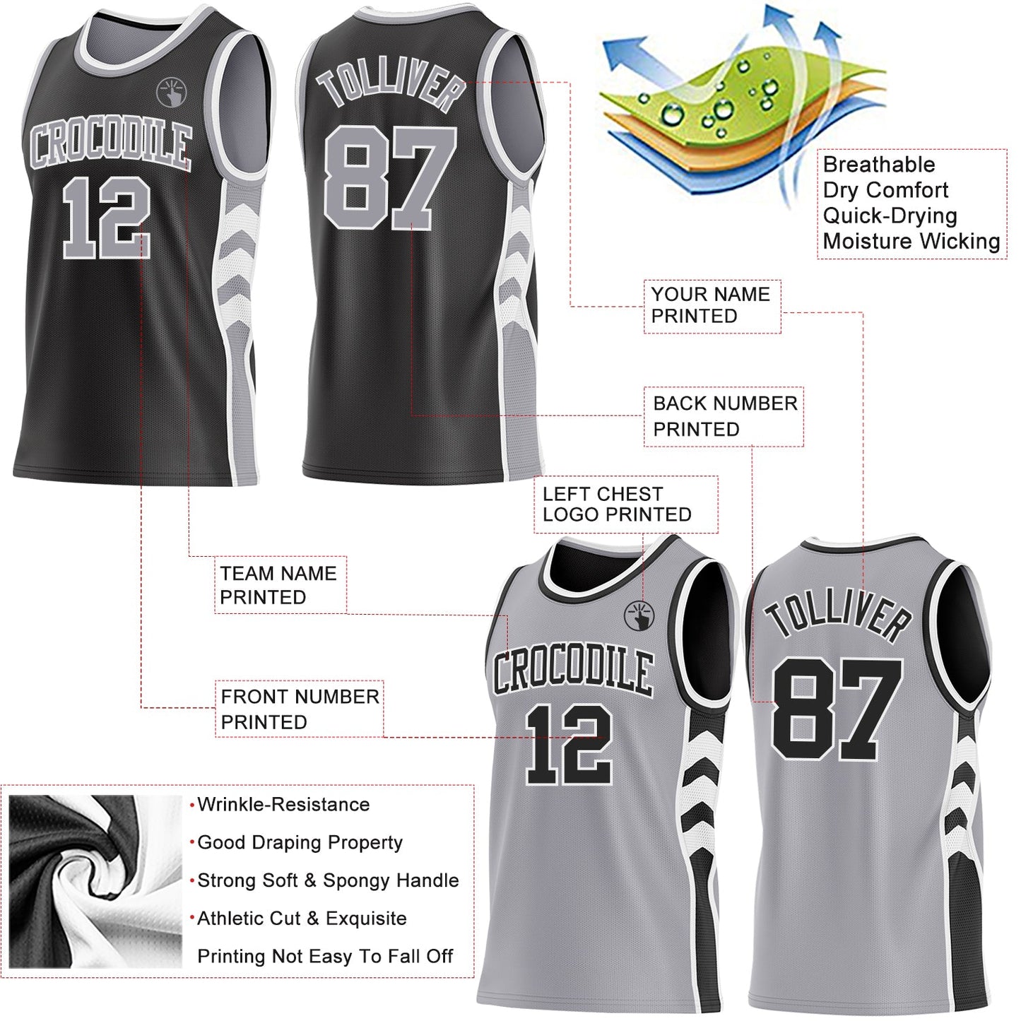Custom Black Gray-White Side Panel Geometric Chevron Reversible Double Side Sublimation Basketball Set Jersey view 3