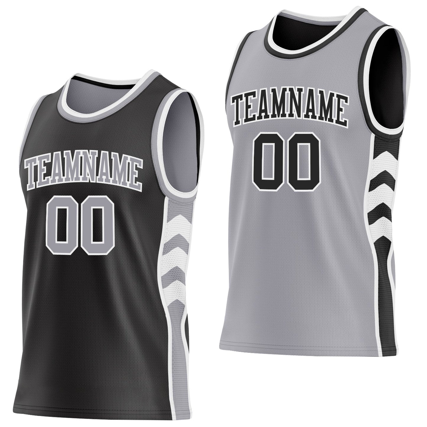 Custom Black Gray-White Side Panel Geometric Chevron Reversible Double Side Sublimation Basketball Set Jersey - Main View