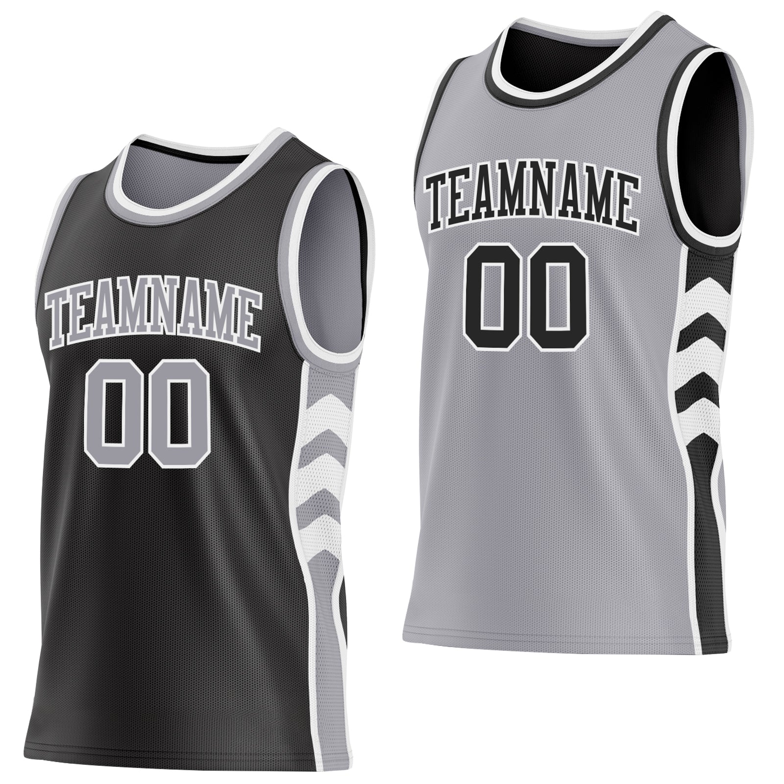 Custom Black Gray-White Side Panel Geometric Chevron Reversible Double Side Sublimation Basketball Set Jersey - Main View
