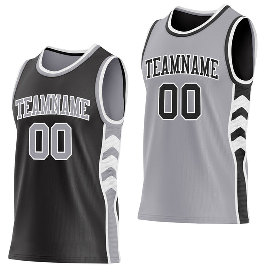 Custom Black Gray-White Side Panel Geometric Chevron Reversible Double Side Sublimation Basketball Set Jersey - Main View