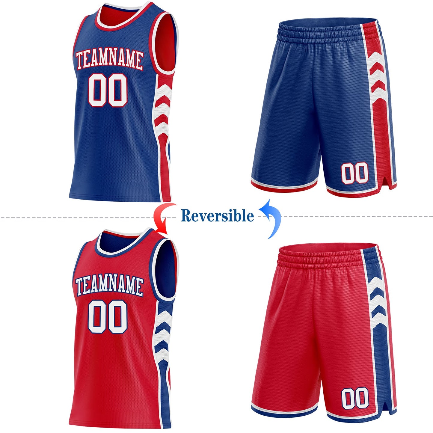 Custom Royal White-Red Side Panel Geometric Chevron Reversible Double Side Sublimation Basketball Set Jersey view 2