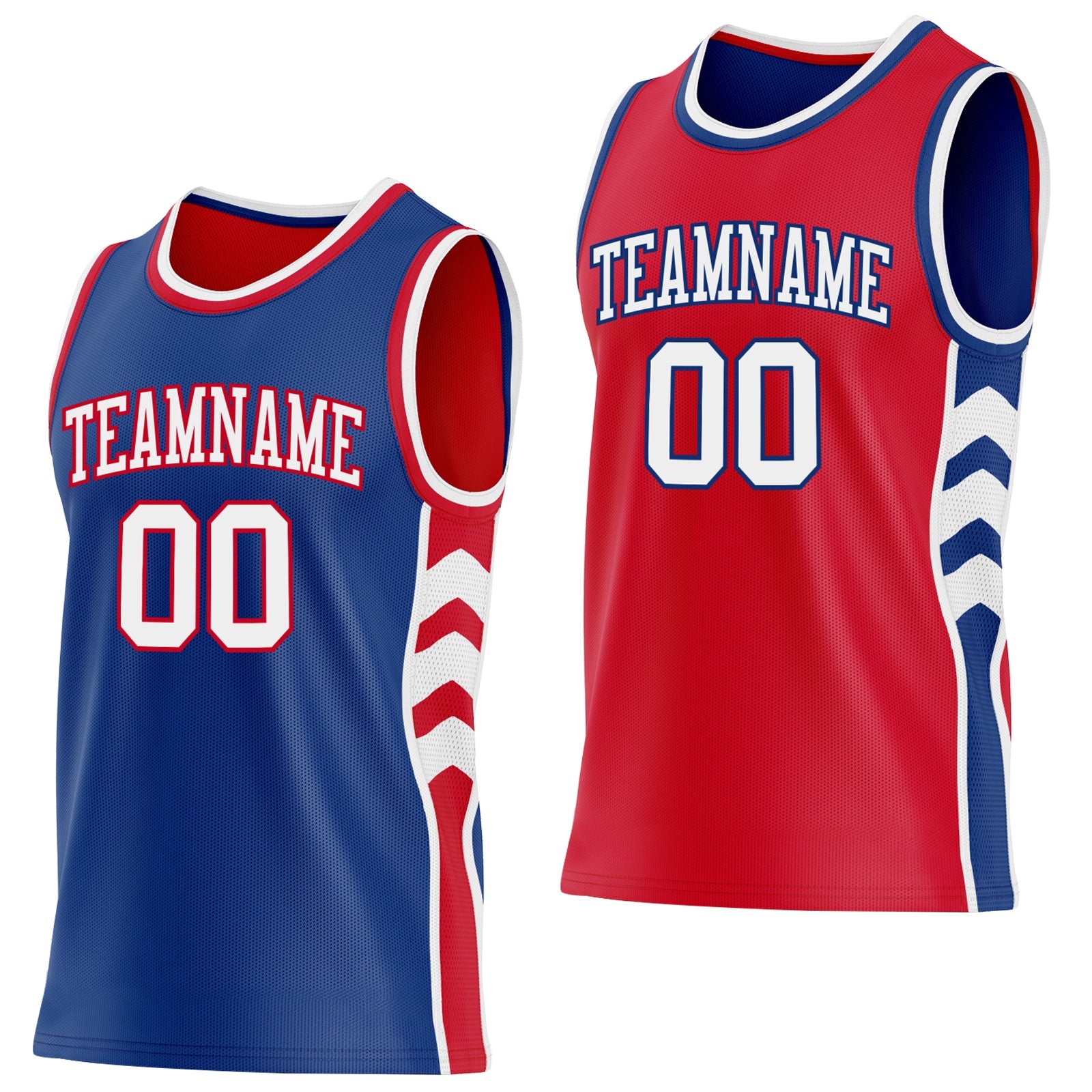 Custom Royal White-Red Side Panel Geometric Chevron Reversible Double Side Sublimation Basketball Set Jersey - Main View