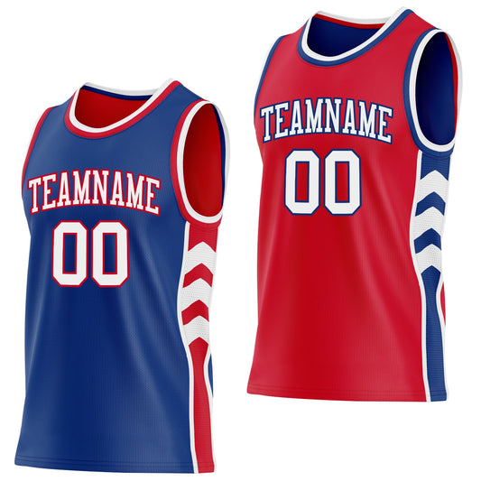 Custom Royal White-Red Side Panel Geometric Chevron Reversible Double Side Sublimation Basketball Set Jersey - Main View