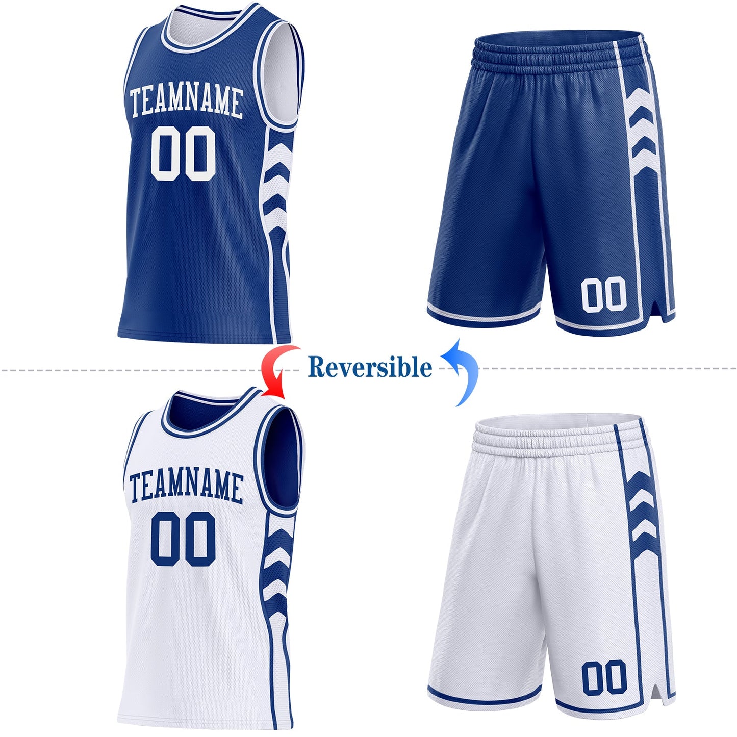 Custom Royal-White Side Panel Geometric Chevron Reversible Double Side Sublimation Basketball Set Jersey view 2