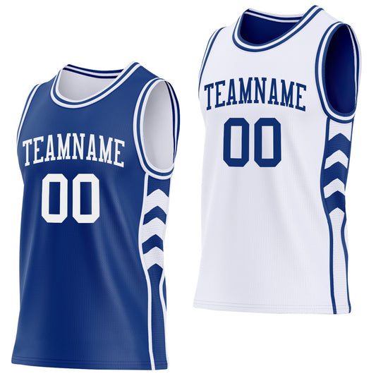 Custom Royal-White Side Panel Geometric Chevron Reversible Double Side Sublimation Basketball Set Jersey - Main View