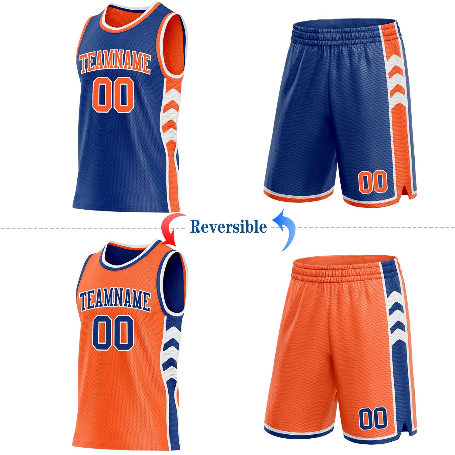 Custom Royal Orange-White Side Panel Geometric Chevron Reversible Double Side Sublimation Basketball Set Jersey view 2