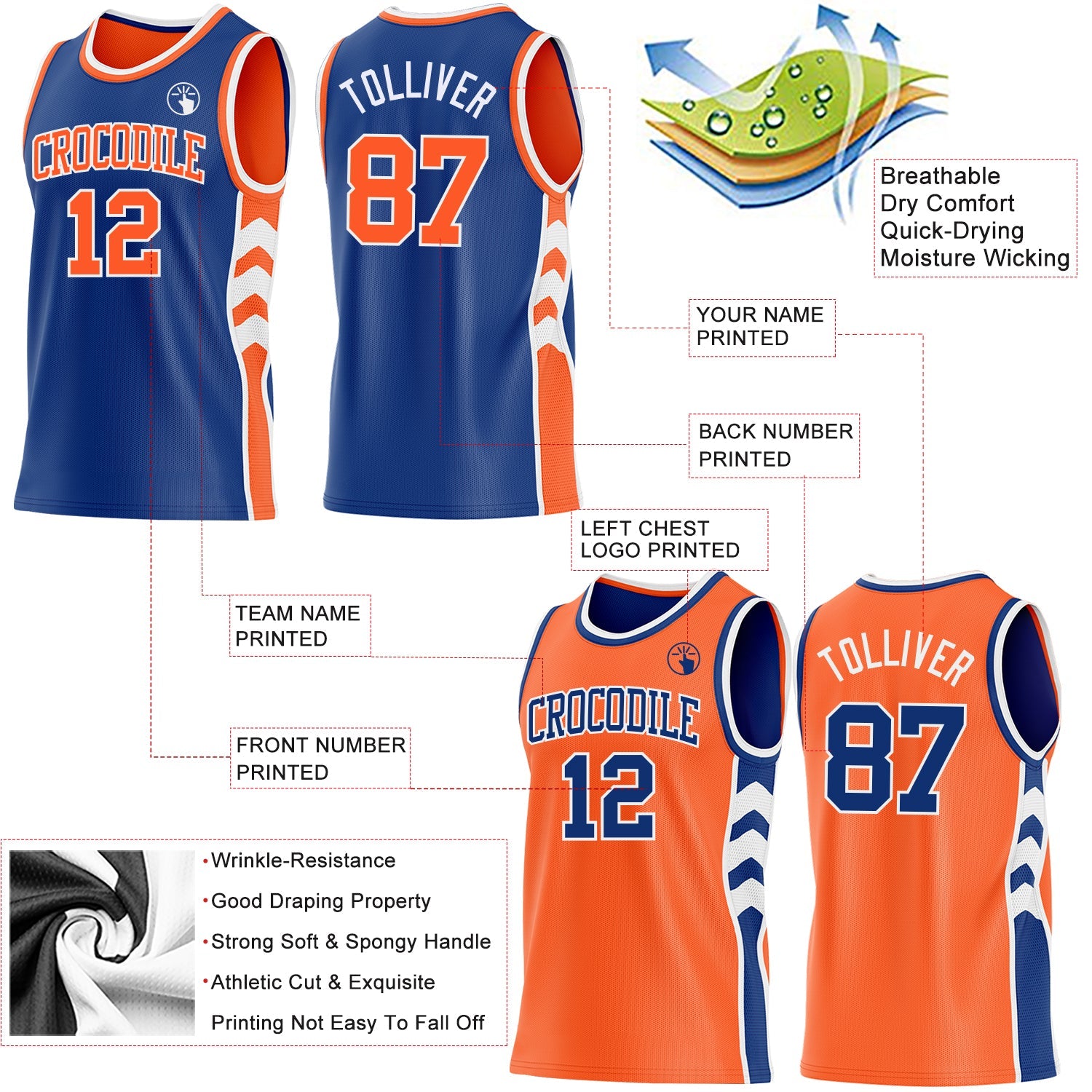 Custom Royal Orange-White Side Panel Geometric Chevron Reversible Double Side Sublimation Basketball Set Jersey view 3