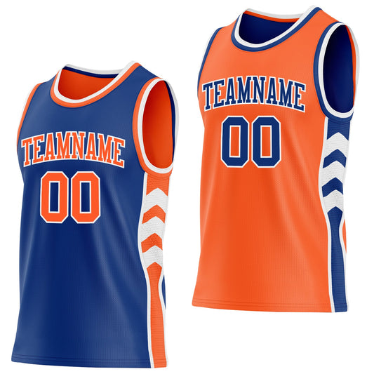Custom Royal Orange-White Side Panel Geometric Chevron Reversible Double Side Sublimation Basketball Set Jersey - Main View