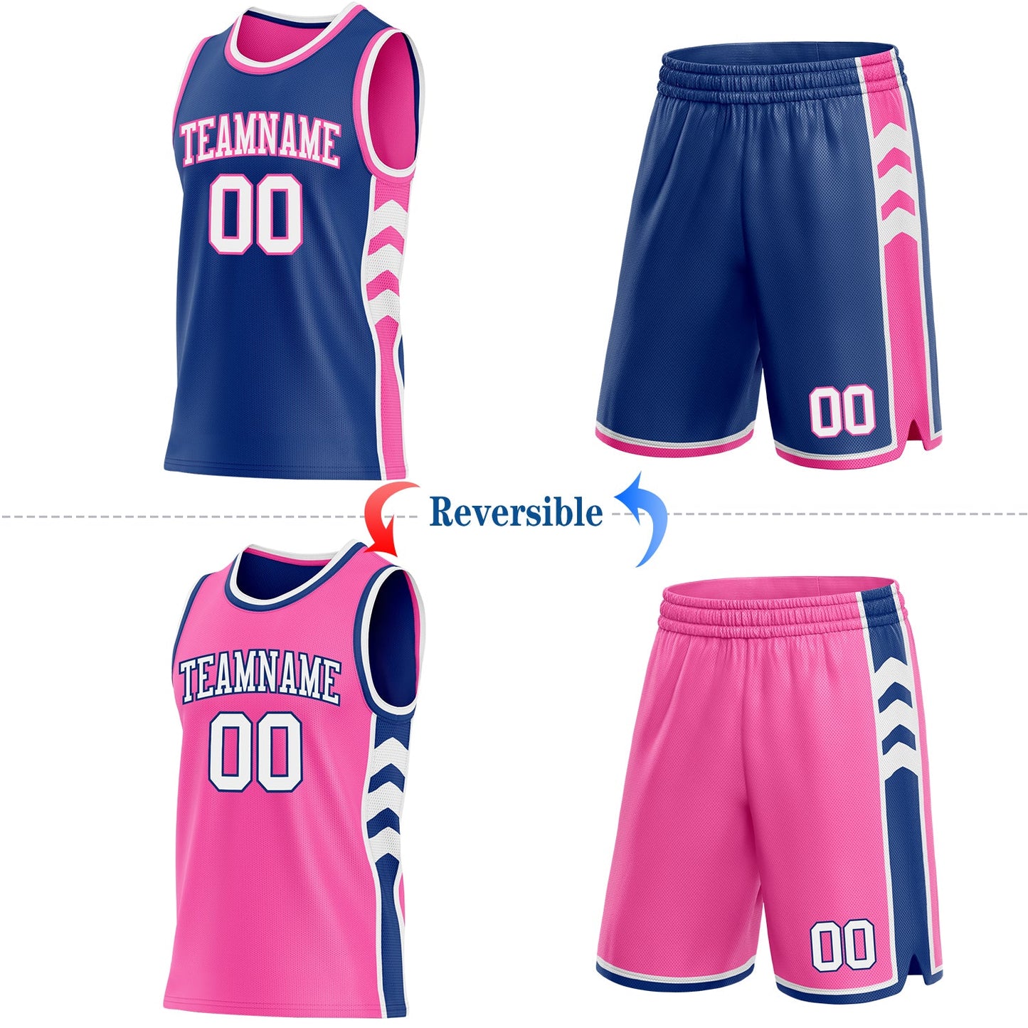 Custom Royal White-Pink Side Panel Geometric Chevron Reversible Double Side Sublimation Basketball Set Jersey view 2