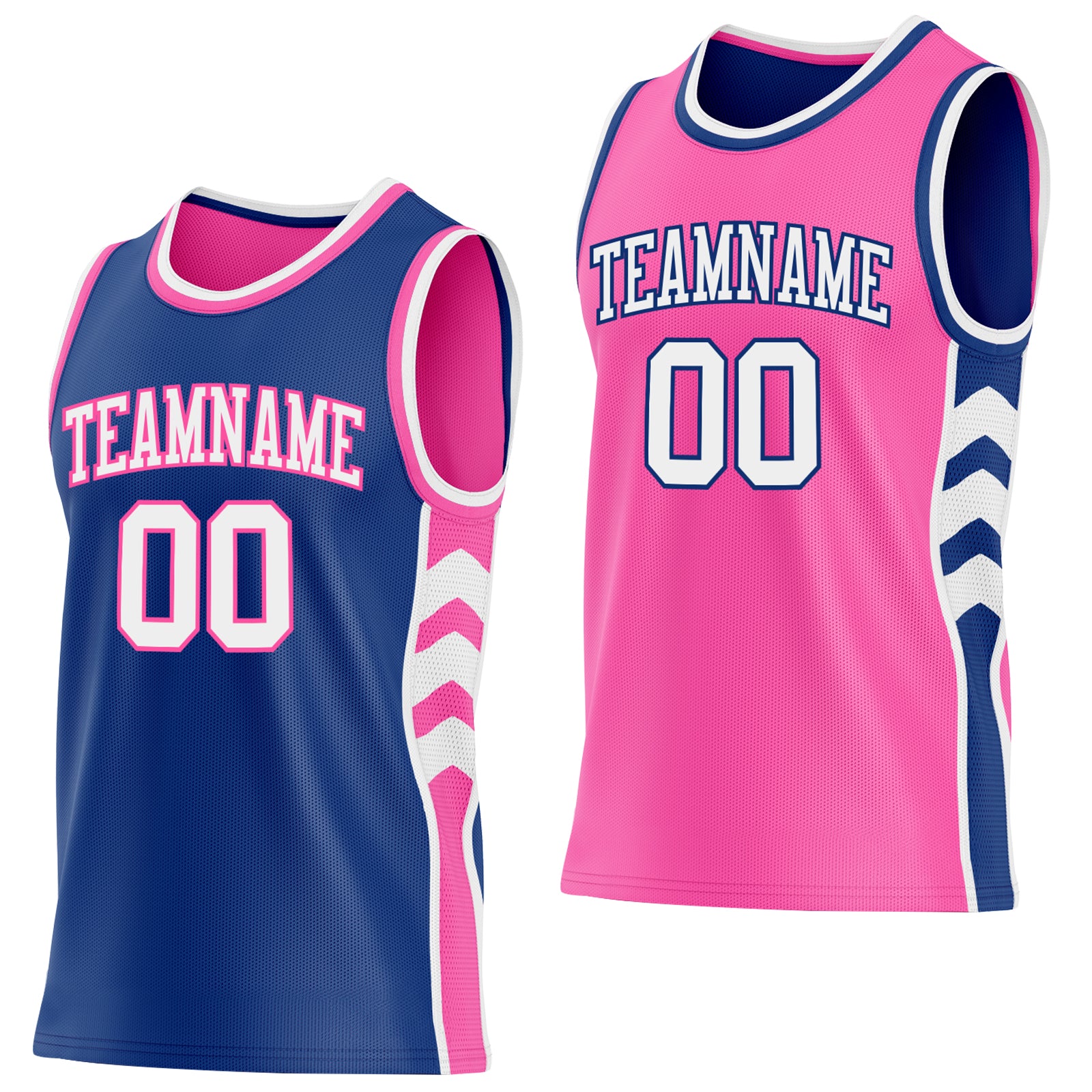 Custom Royal White-Pink Side Panel Geometric Chevron Reversible Double Side Sublimation Basketball Set Jersey - Main View