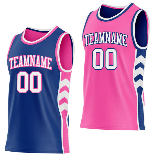 Custom Royal White-Pink Side Panel Geometric Chevron Reversible Double Side Sublimation Basketball Set Jersey - Main View