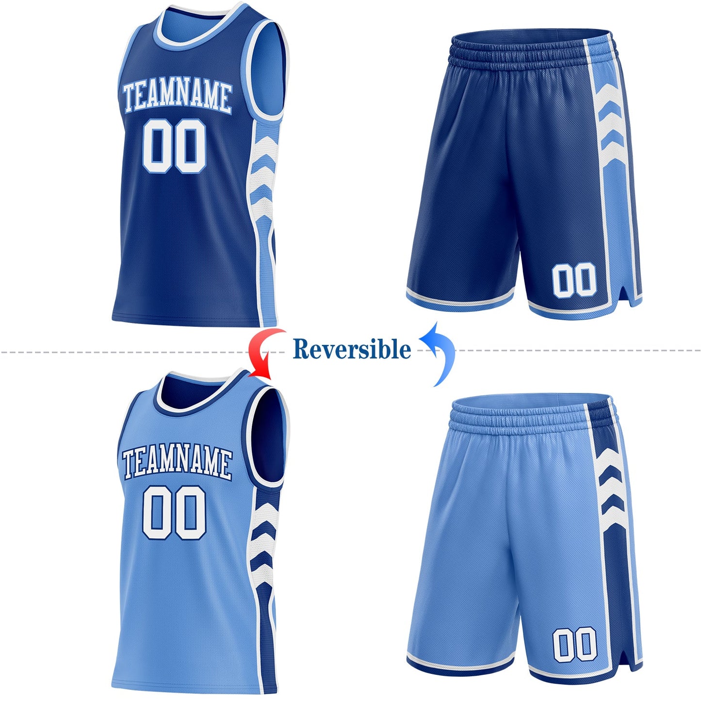 Custom Royal White-Light Blue Side Panel Geometric Chevron Reversible Double Side Sublimation Basketball Set Jersey view 2