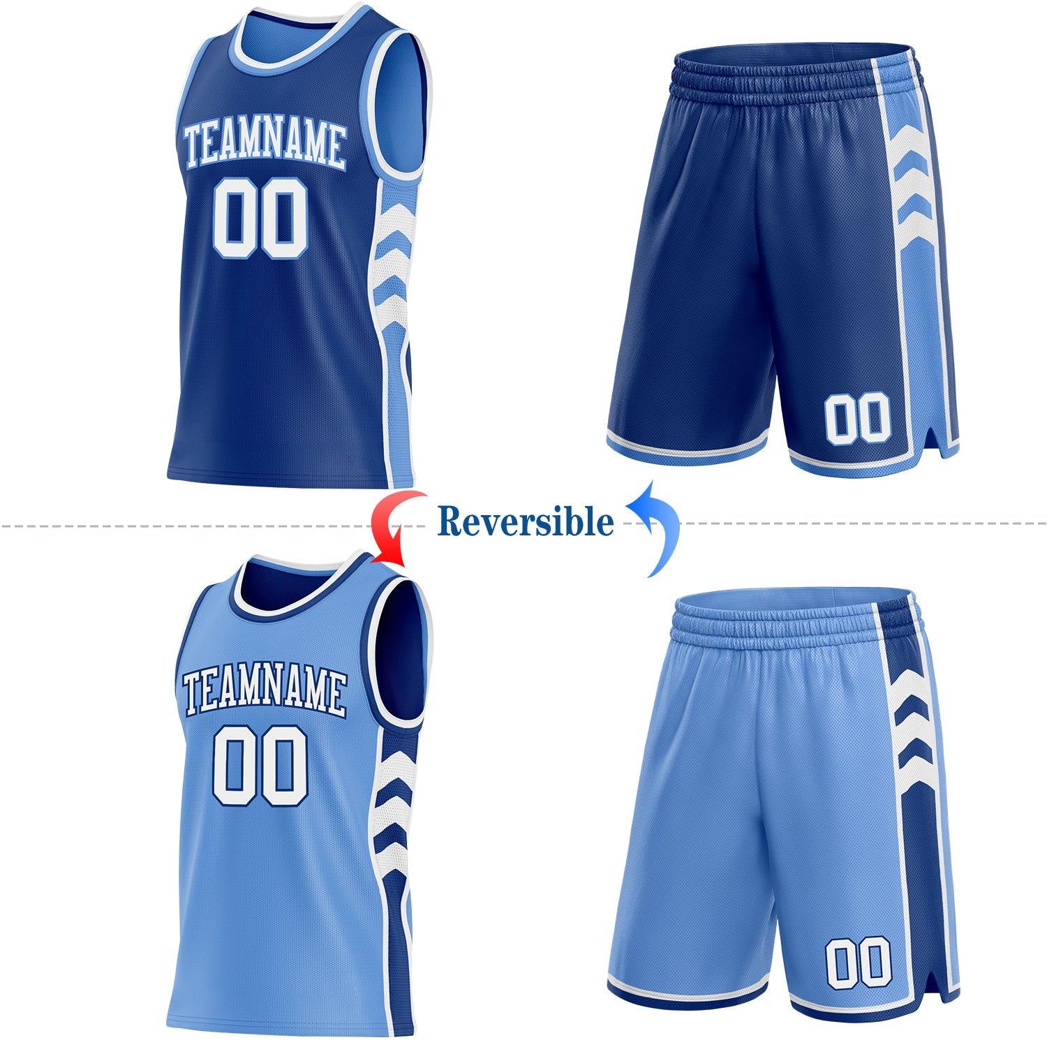 Custom Royal White-Light Blue Side Panel Geometric Chevron Reversible Double Side Sublimation Basketball Set Jersey view 2