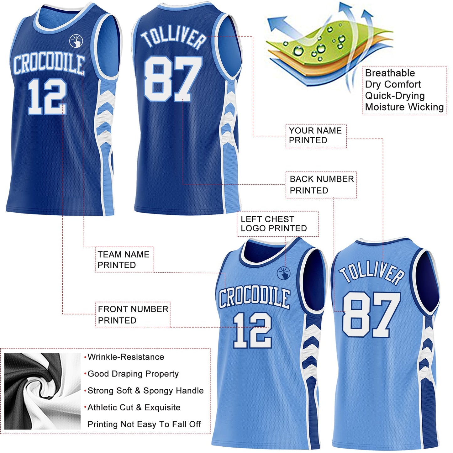 Custom Royal White-Light Blue Side Panel Geometric Chevron Reversible Double Side Sublimation Basketball Set Jersey view 3