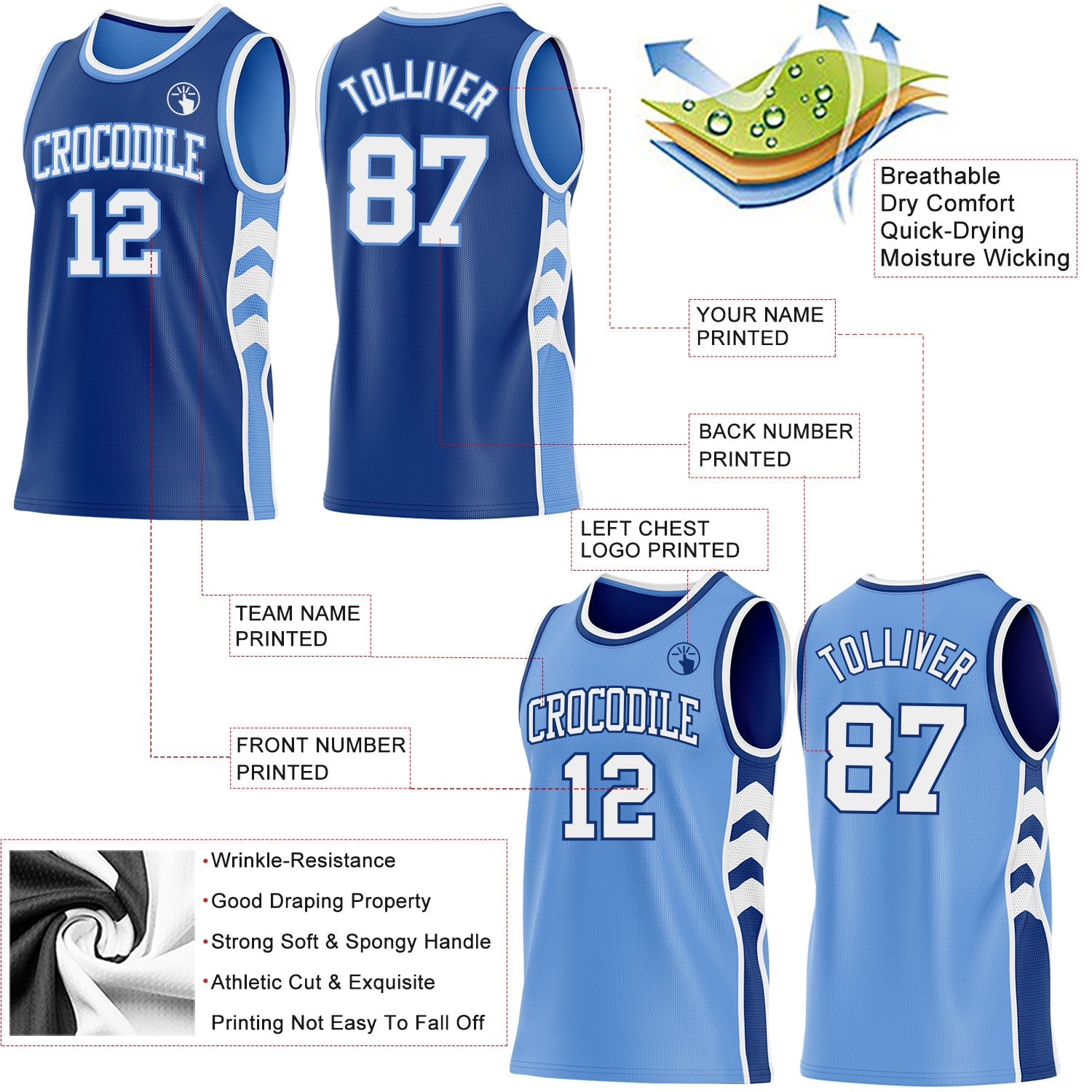 Custom Royal White-Light Blue Side Panel Geometric Chevron Reversible Double Side Sublimation Basketball Set Jersey view 3