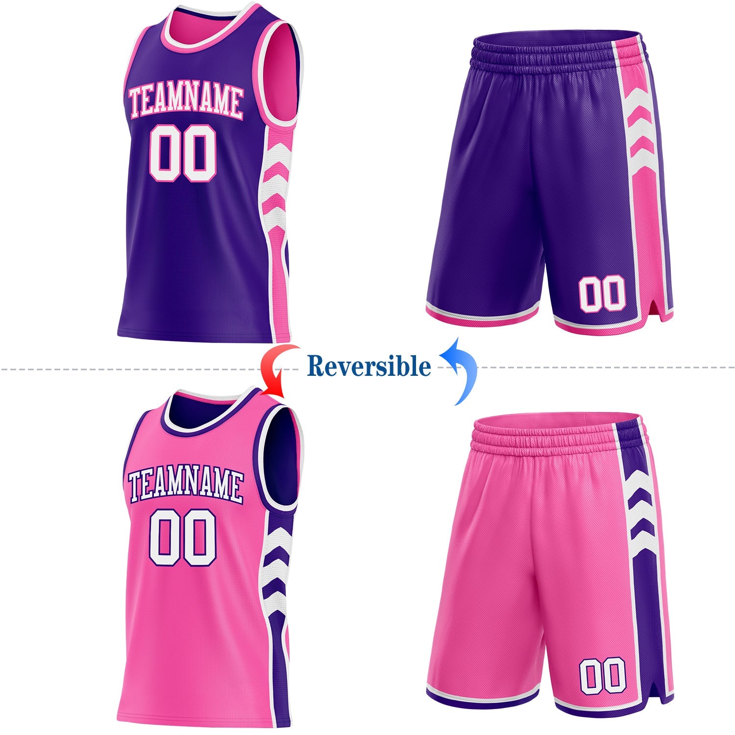 Custom Purple White-Pink Side Panel Geometric Chevron Reversible Double Side Sublimation Basketball Set Jersey view 2