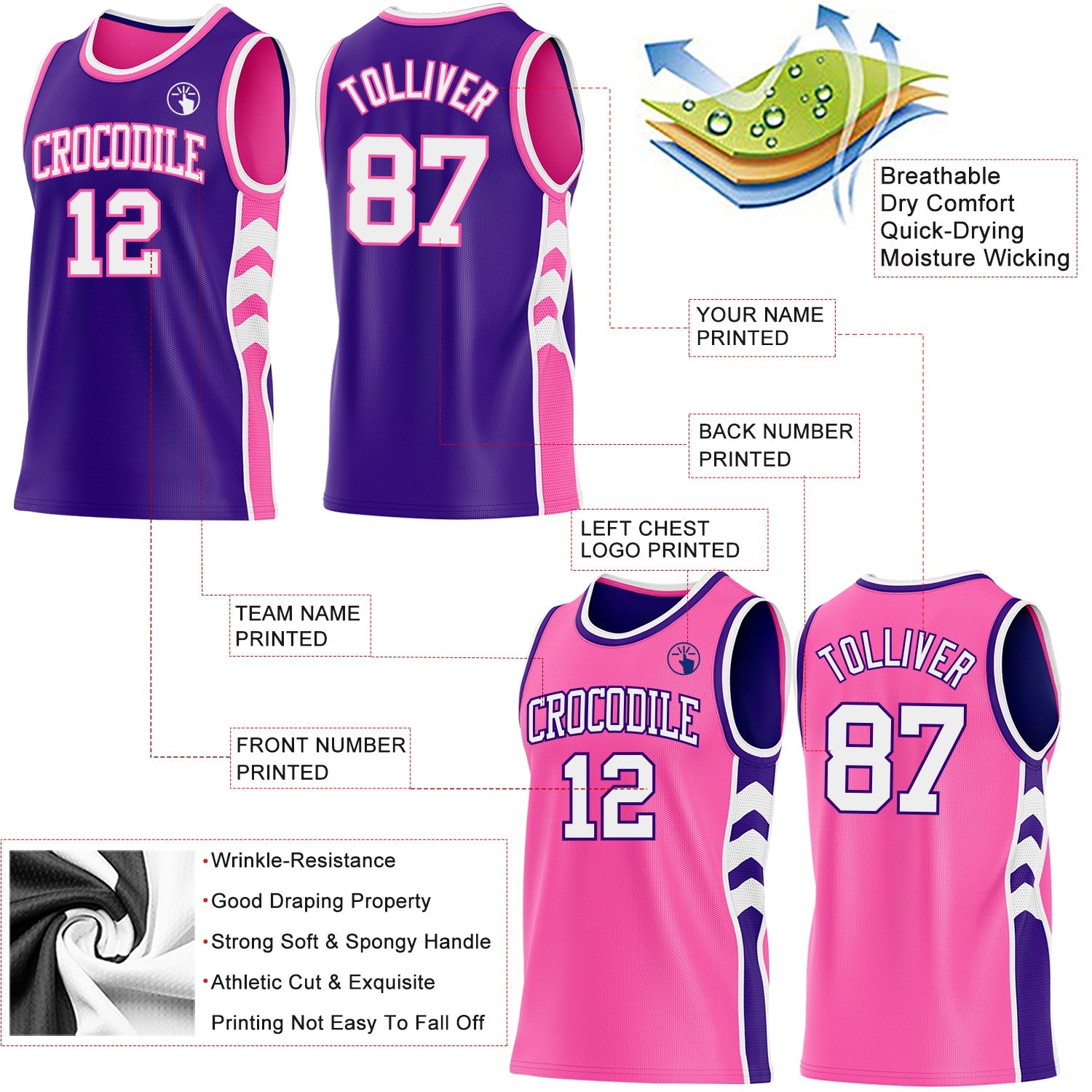 Custom Purple White-Pink Side Panel Geometric Chevron Reversible Double Side Sublimation Basketball Set Jersey view 3
