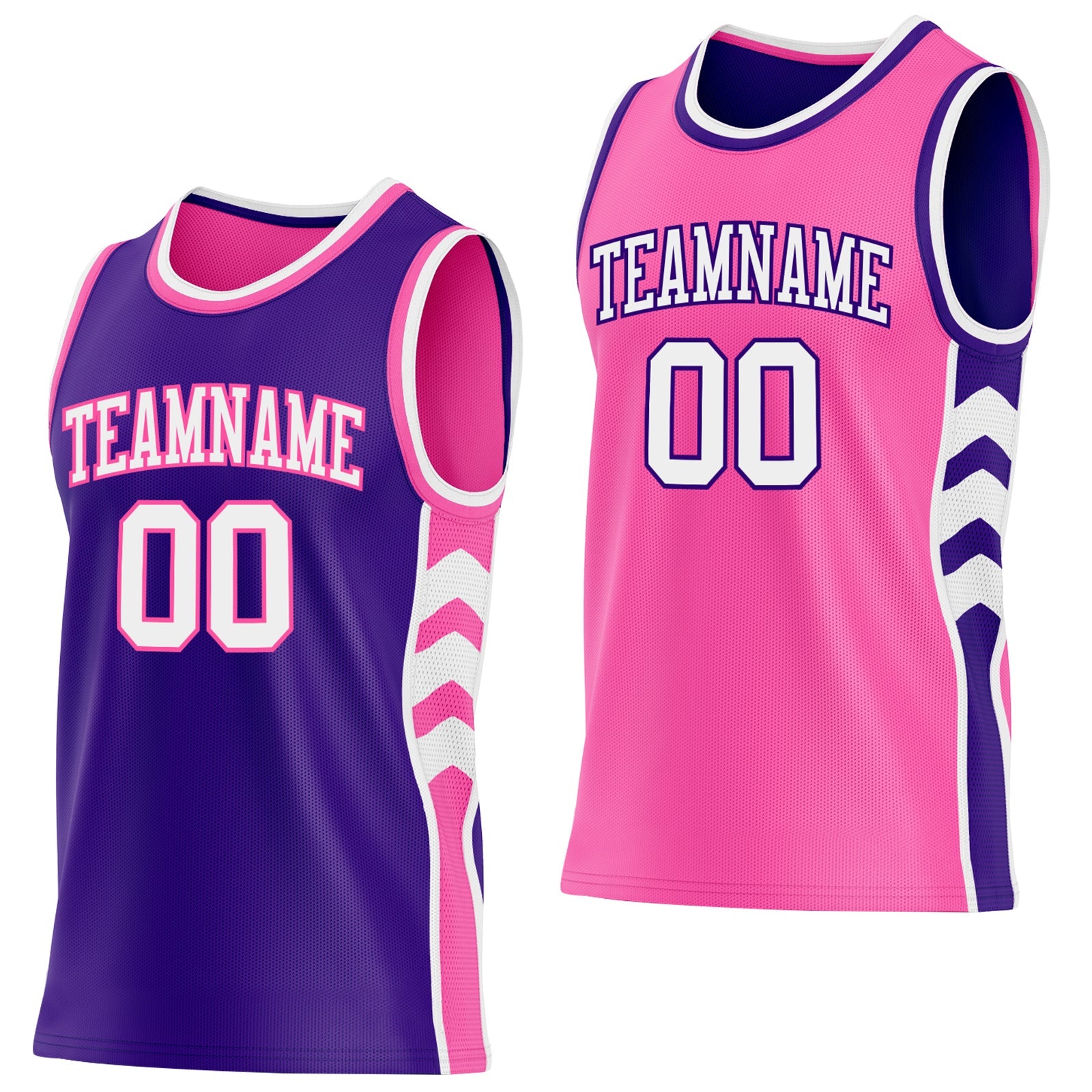 Custom Purple White-Pink Side Panel Geometric Chevron Reversible Double Side Sublimation Basketball Set Jersey - Main View
