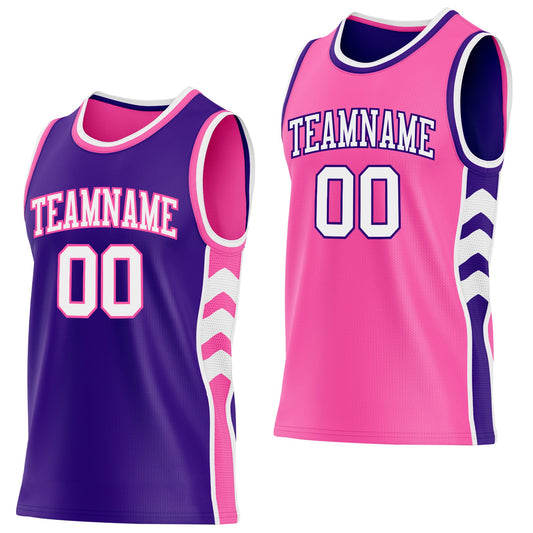 Custom Purple White-Pink Side Panel Geometric Chevron Reversible Double Side Sublimation Basketball Set Jersey - Main View
