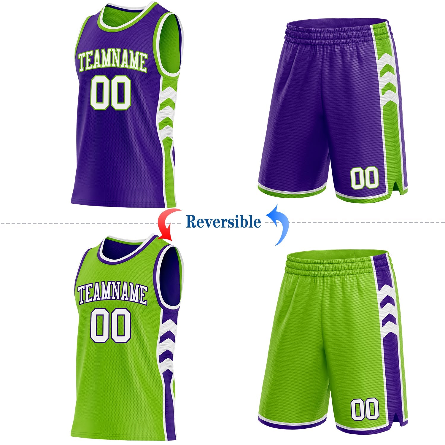 Custom Purple White-Neon Green Side Panel Geometric Chevron Reversible Double Side Sublimation Basketball Set Jersey view 2