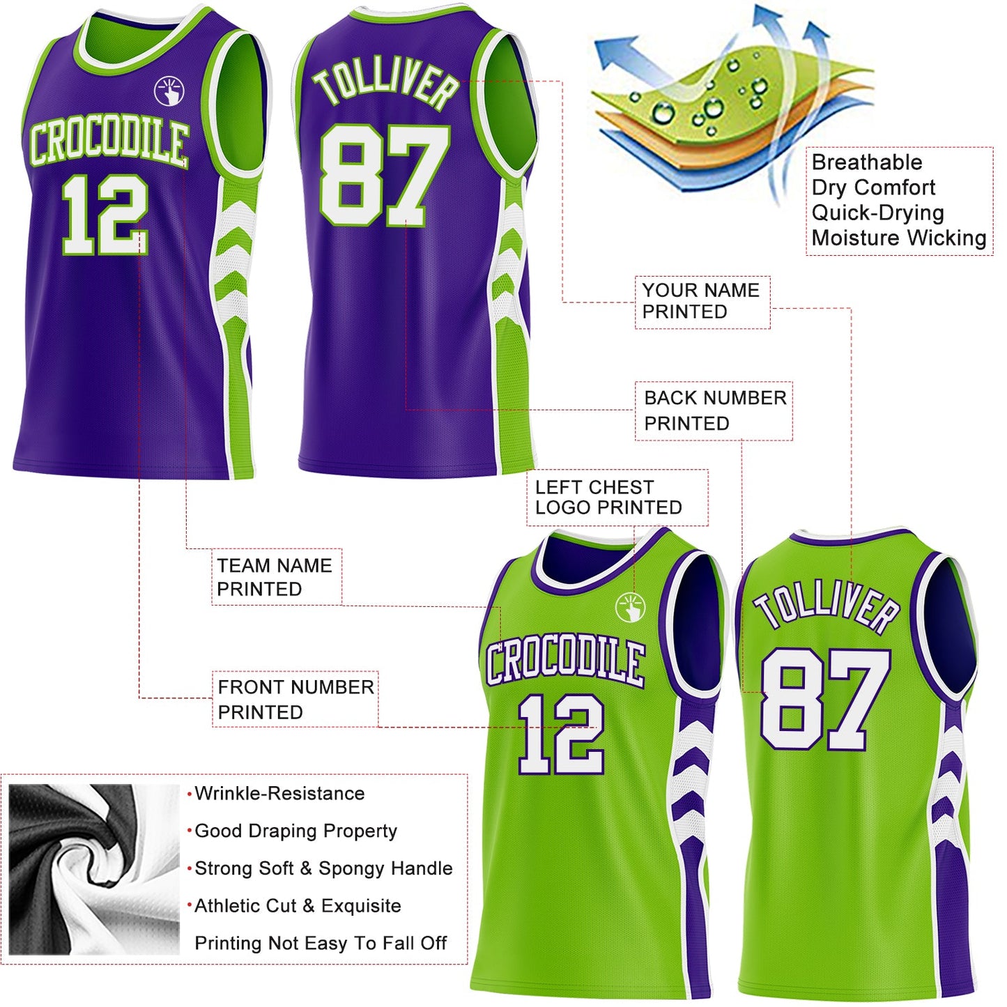 Custom Purple White-Neon Green Side Panel Geometric Chevron Reversible Double Side Sublimation Basketball Set Jersey view 3