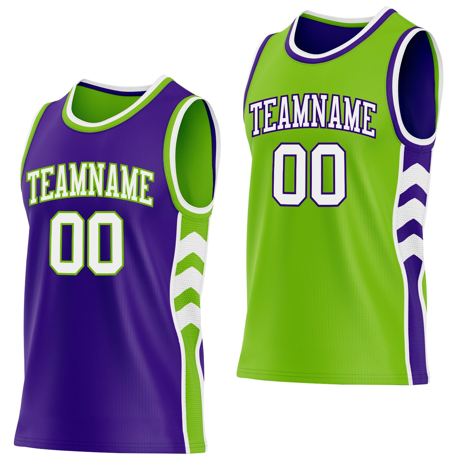 Custom Purple White-Neon Green Side Panel Geometric Chevron Reversible Double Side Sublimation Basketball Set Jersey - Main View