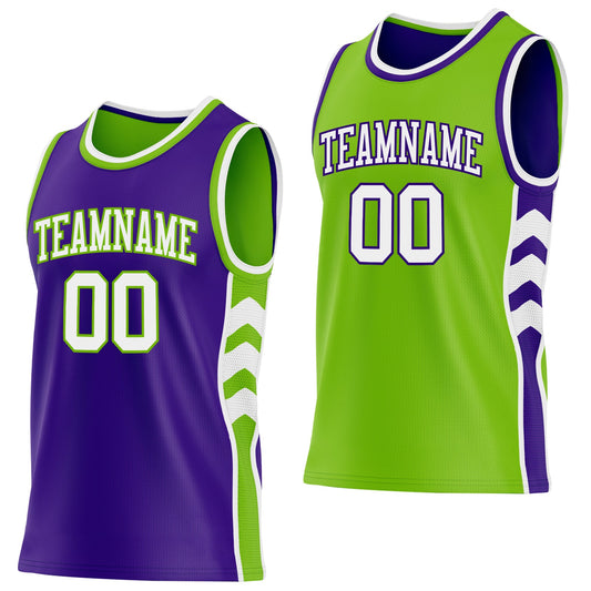 Custom Purple White-Neon Green Side Panel Geometric Chevron Reversible Double Side Sublimation Basketball Set Jersey - Main View