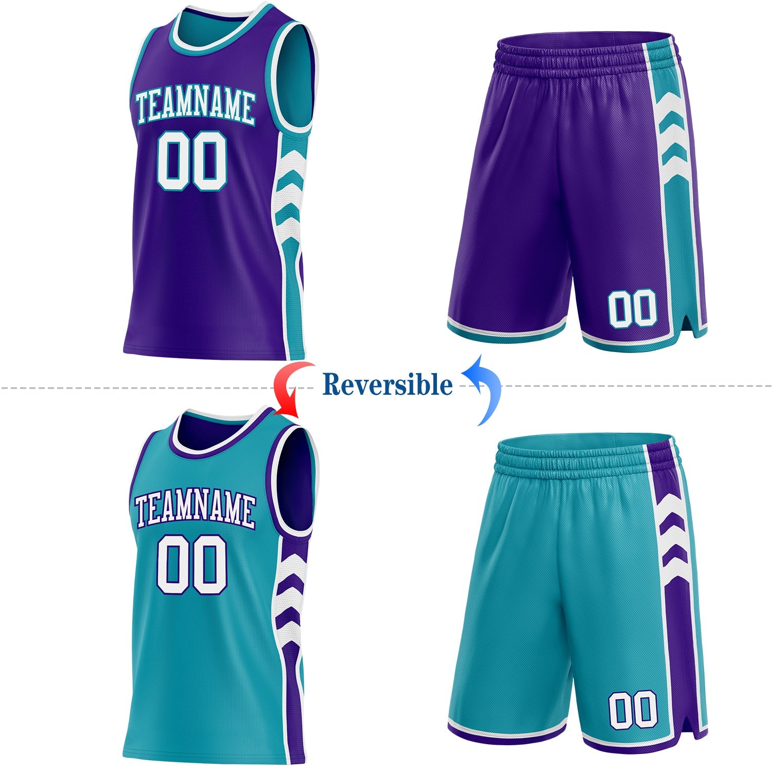 Custom Purple White-Teal Side Panel Geometric Chevron Reversible Double Side Sublimation Basketball Set Jersey view 2