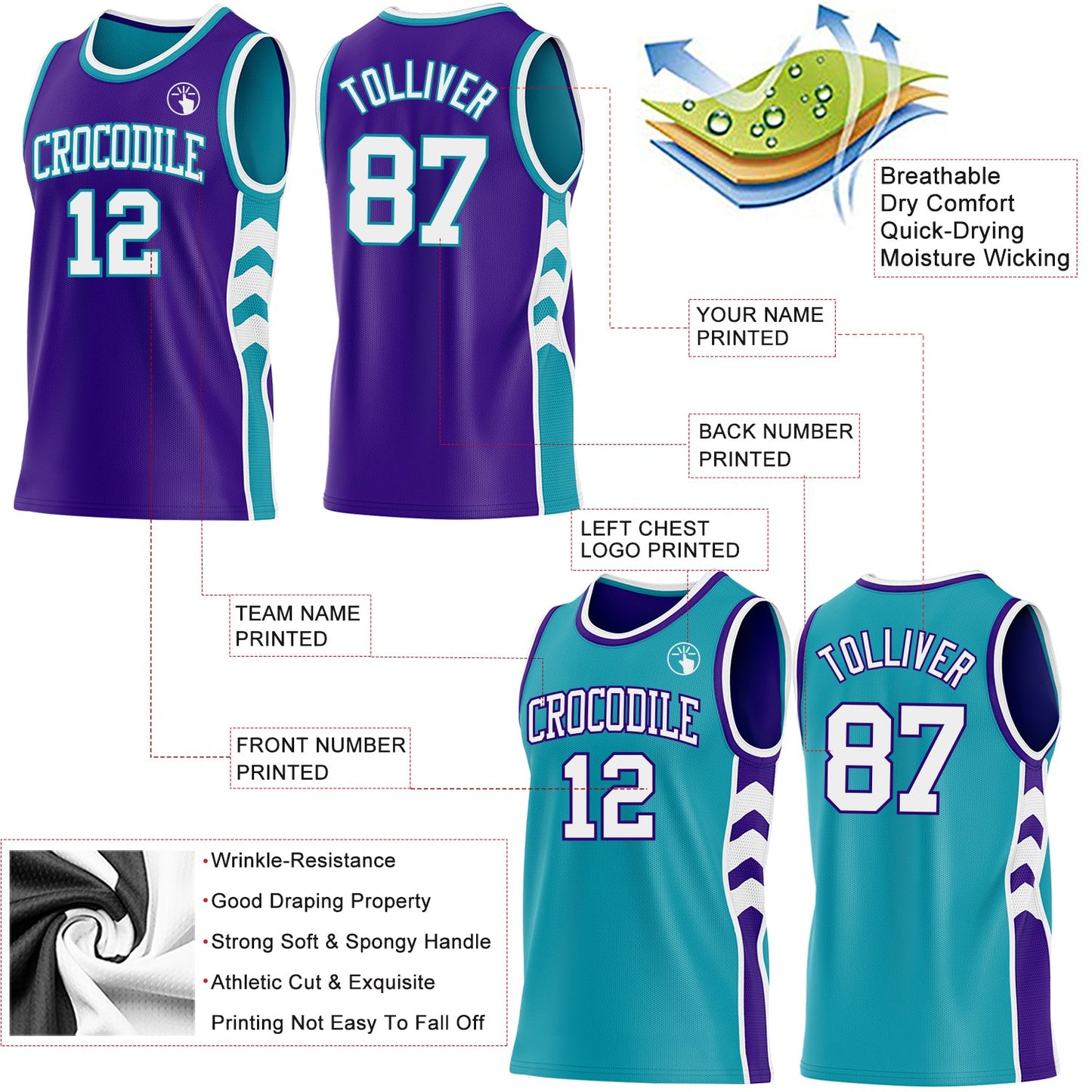 Custom Purple White-Teal Side Panel Geometric Chevron Reversible Double Side Sublimation Basketball Set Jersey view 3