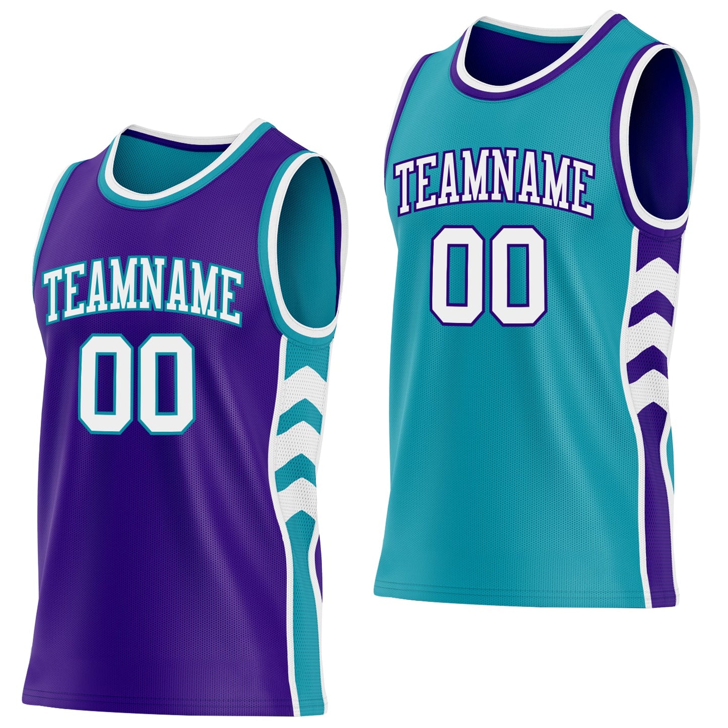 Custom Purple White-Teal Side Panel Geometric Chevron Reversible Double Side Sublimation Basketball Set Jersey - Main View