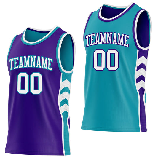 Custom Purple White-Teal Side Panel Geometric Chevron Reversible Double Side Sublimation Basketball Set Jersey - Main View
