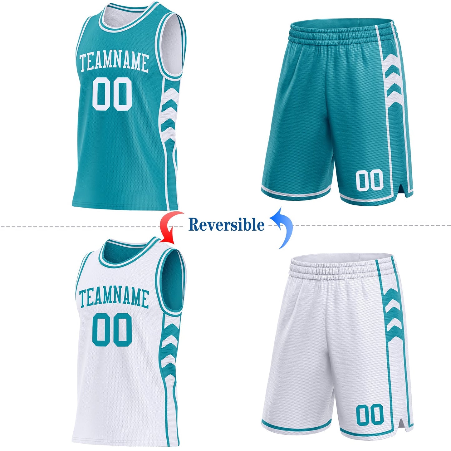Custom Teal-White Side Panel Geometric Chevron Reversible Double Side Sublimation Basketball Set Jersey view 2