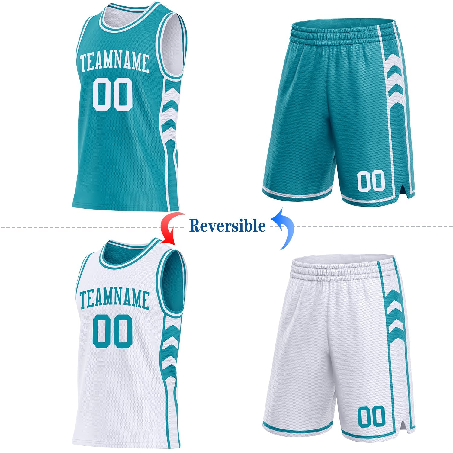 Custom Teal-White Side Panel Geometric Chevron Reversible Double Side Sublimation Basketball Set Jersey view 2