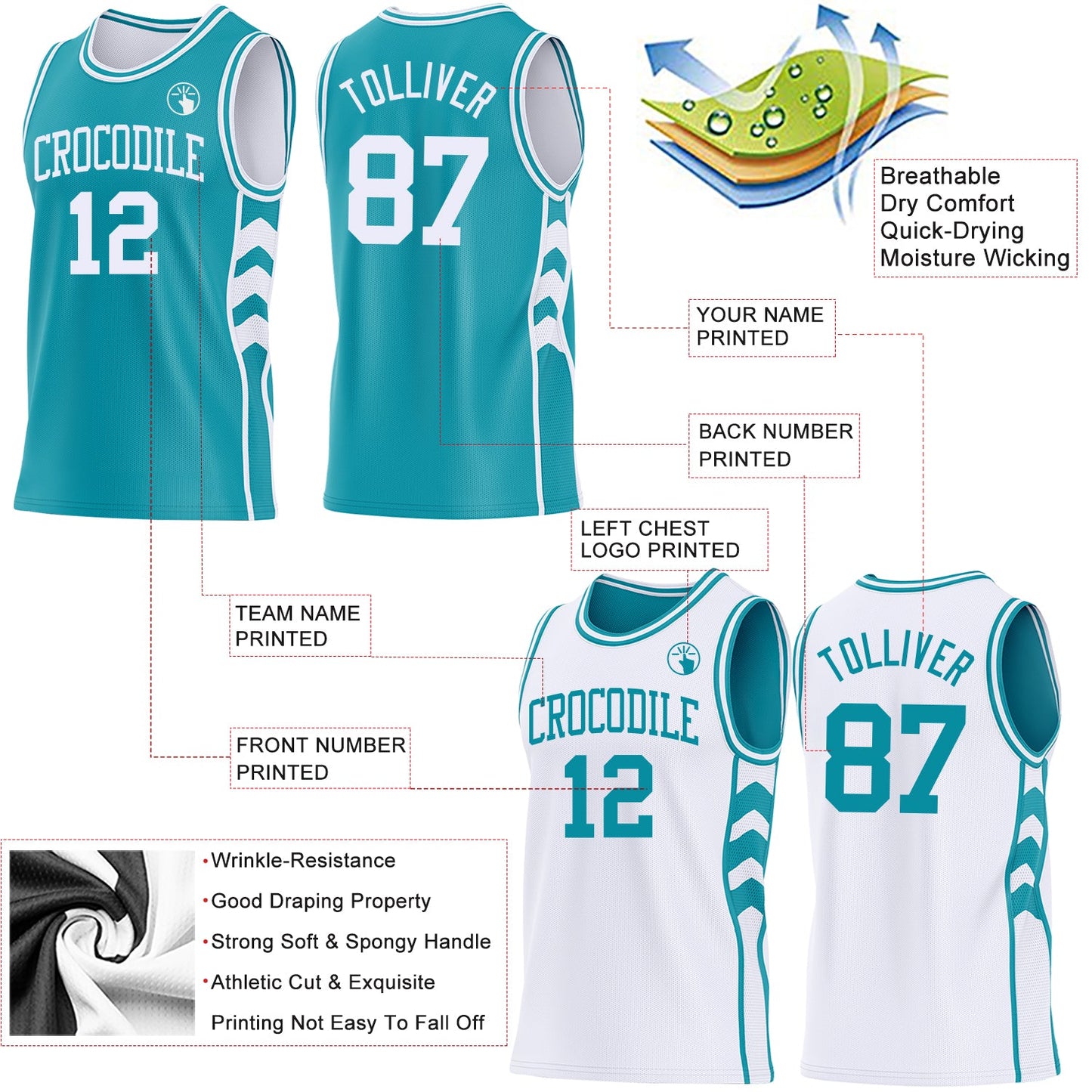 Custom Teal-White Side Panel Geometric Chevron Reversible Double Side Sublimation Basketball Set Jersey view 3
