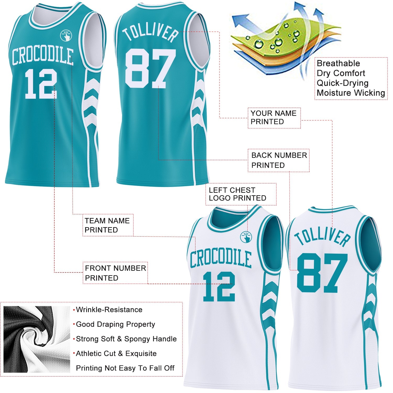 Custom Teal-White Side Panel Geometric Chevron Reversible Double Side Sublimation Basketball Set Jersey view 3