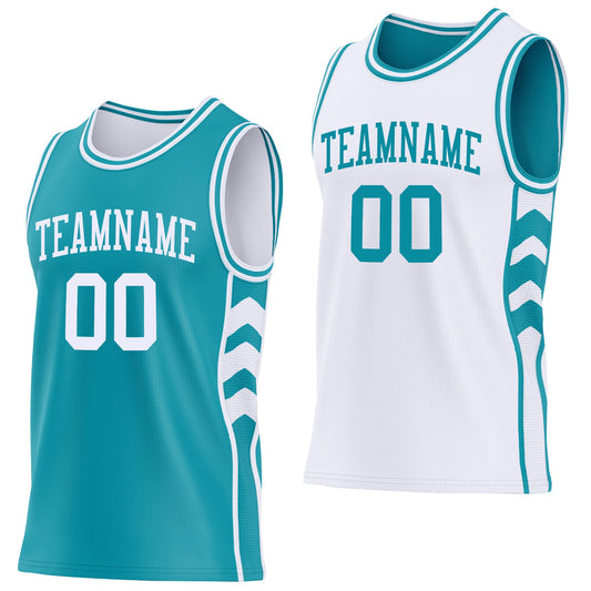 Custom Teal-White Side Panel Geometric Chevron Reversible Double Side Sublimation Basketball Set Jersey - Main View