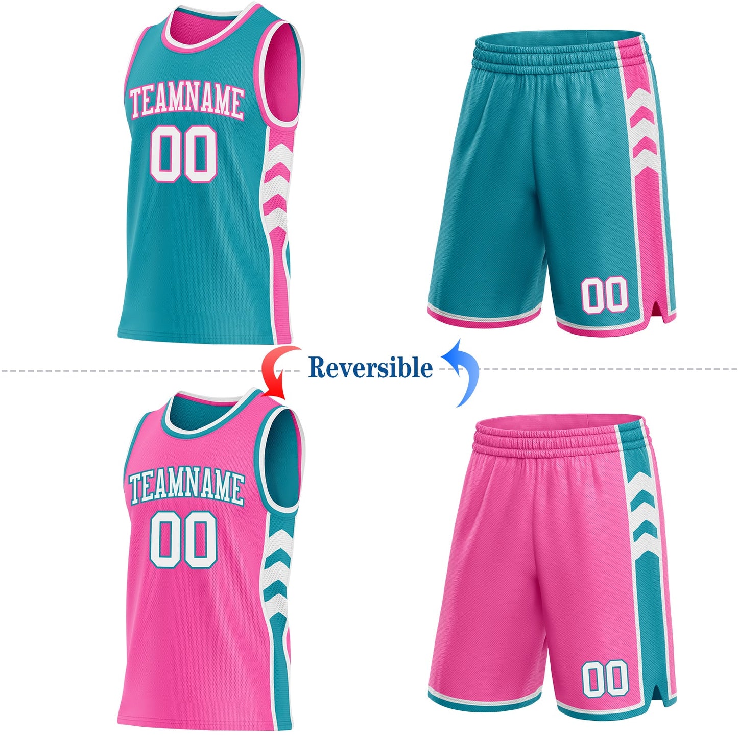 Custom Teal White-Pink Side Panel Geometric Chevron Reversible Double Side Sublimation Basketball Set Jersey view 2