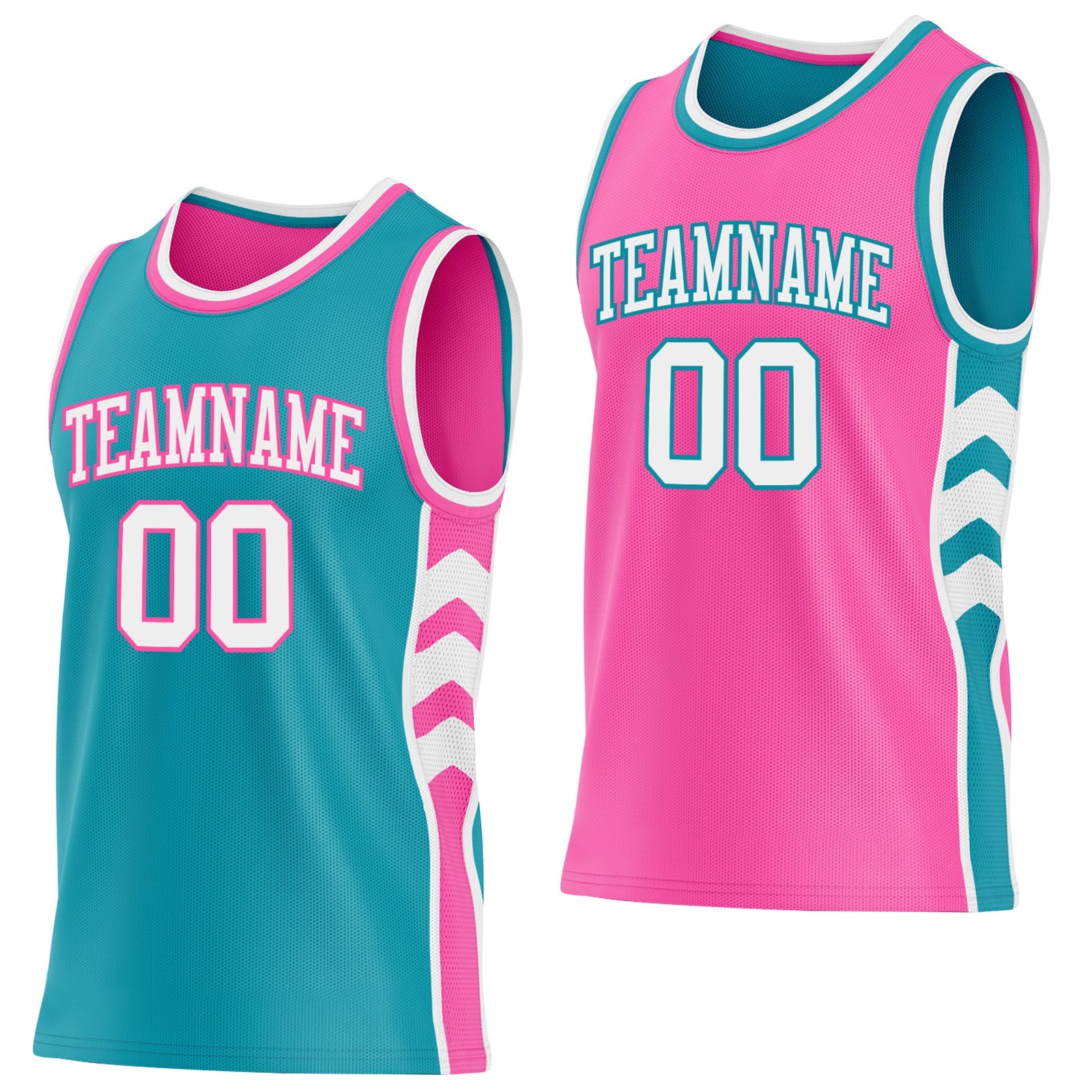 Custom Teal White-Pink Side Panel Geometric Chevron Reversible Double Side Sublimation Basketball Set Jersey - Main View
